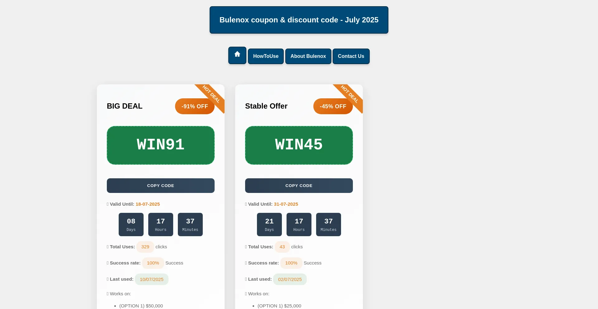 Website screenshot of Bulenoxdiscounts.com