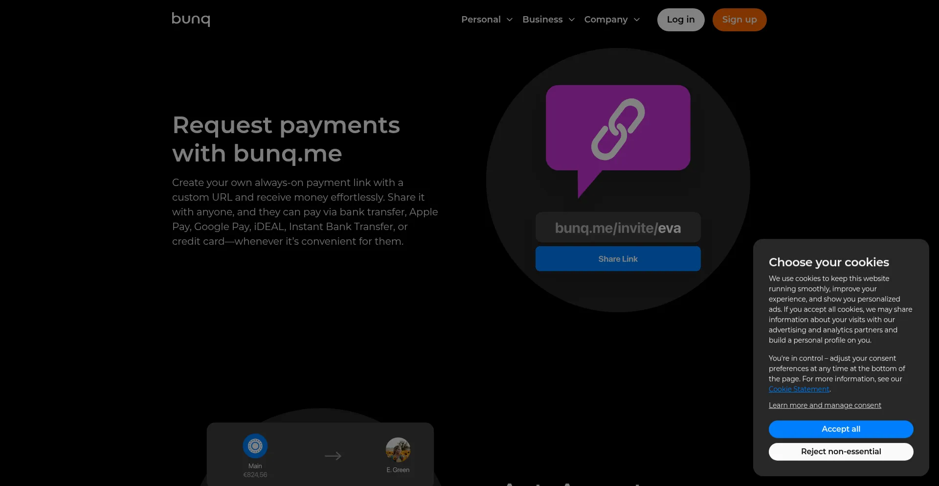 Website screenshot of Bunq.me