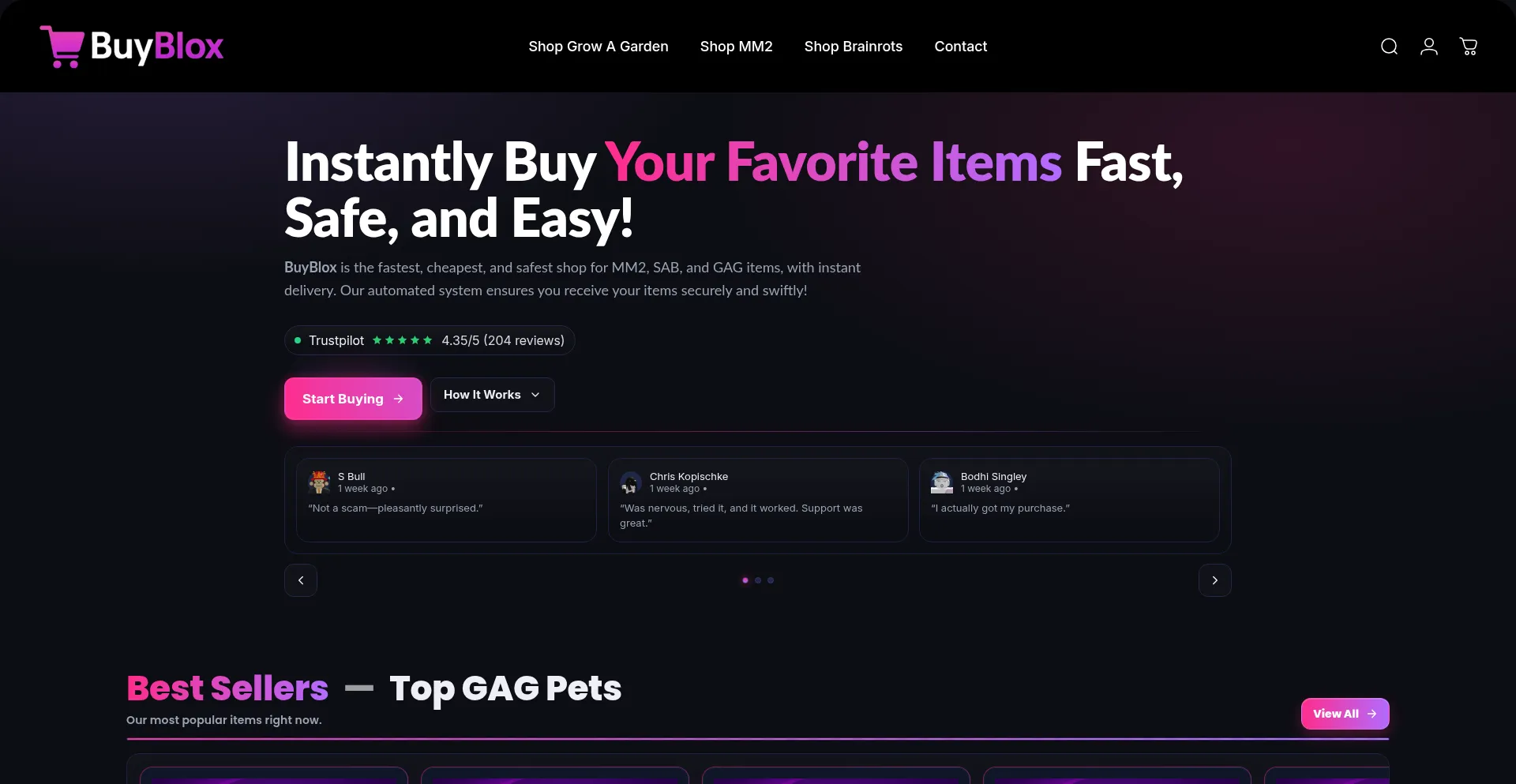 Website screenshot of Buyblox.gg