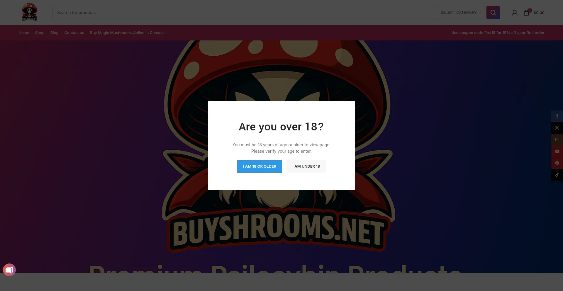 Website screenshot of Buyshrooms.net