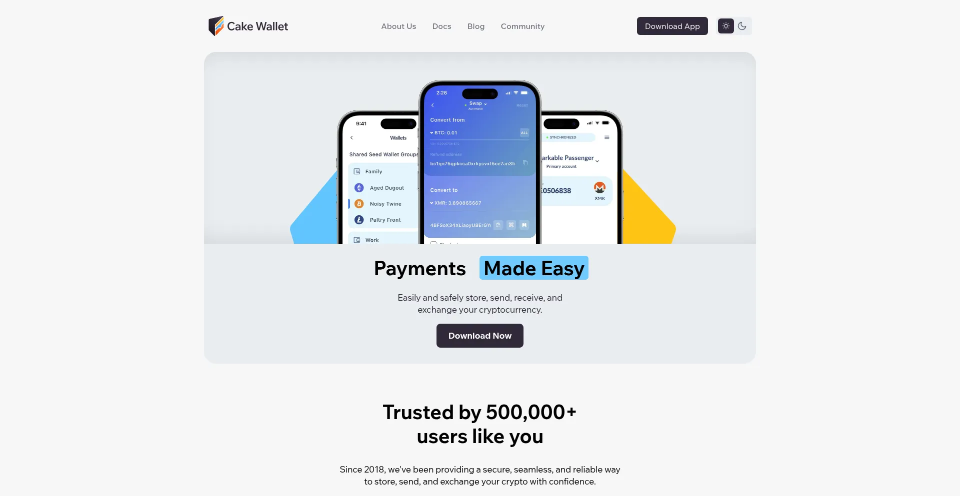 Website screenshot of Cakewallet.com