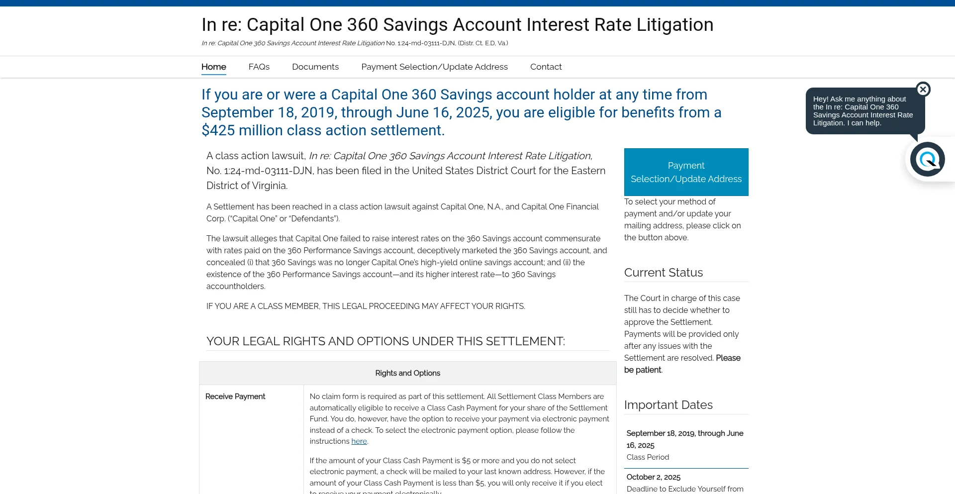 Website screenshot of Capitalone360savingsaccountlitigation.com