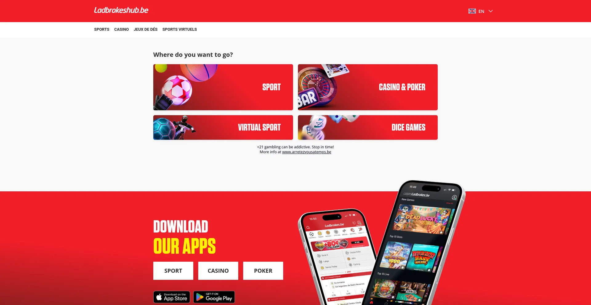 Website screenshot of Casinoladbrokes.be