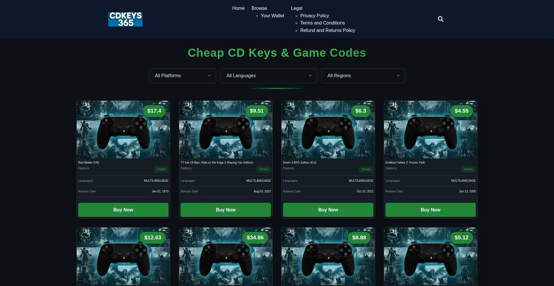 Website screenshot of Cdkeys365.com