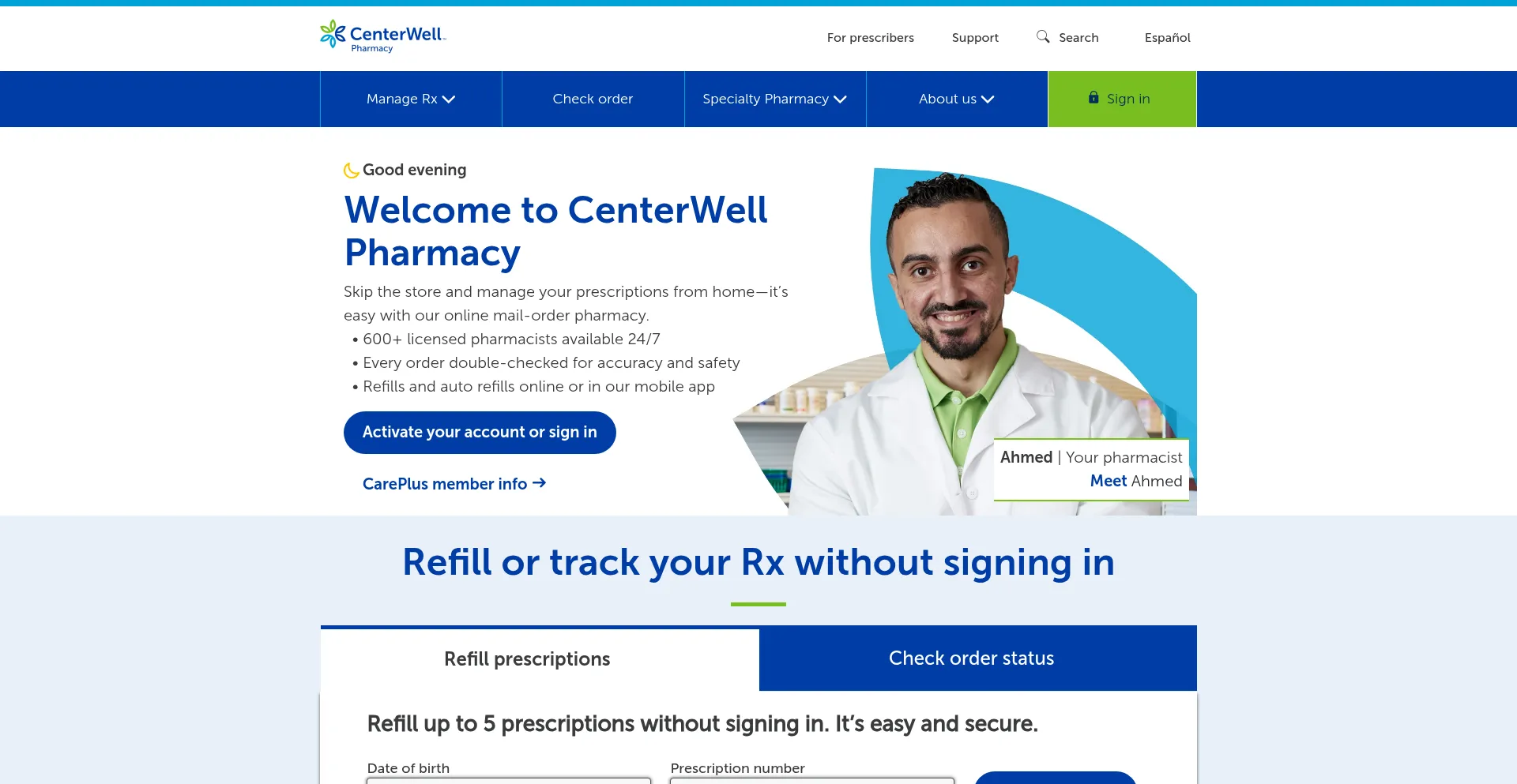 Website screenshot of Centerwellpharmacy.com
