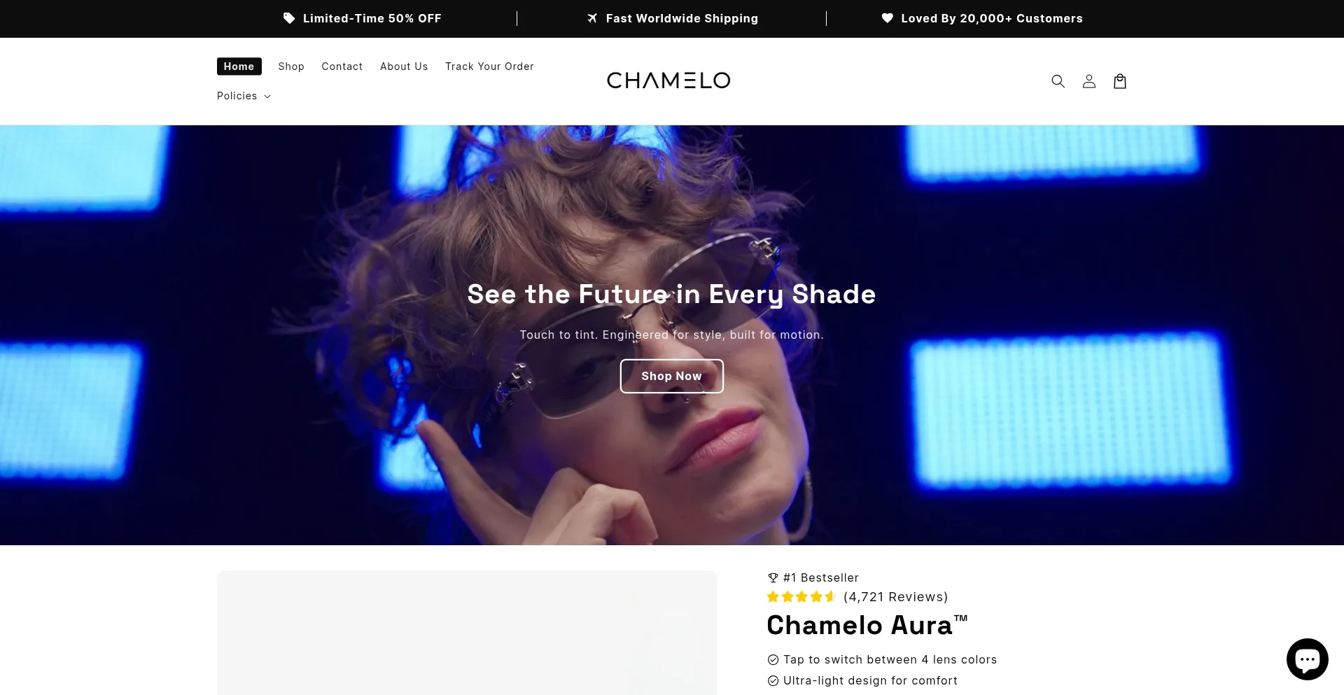 Website screenshot of Chameloeyewear.com