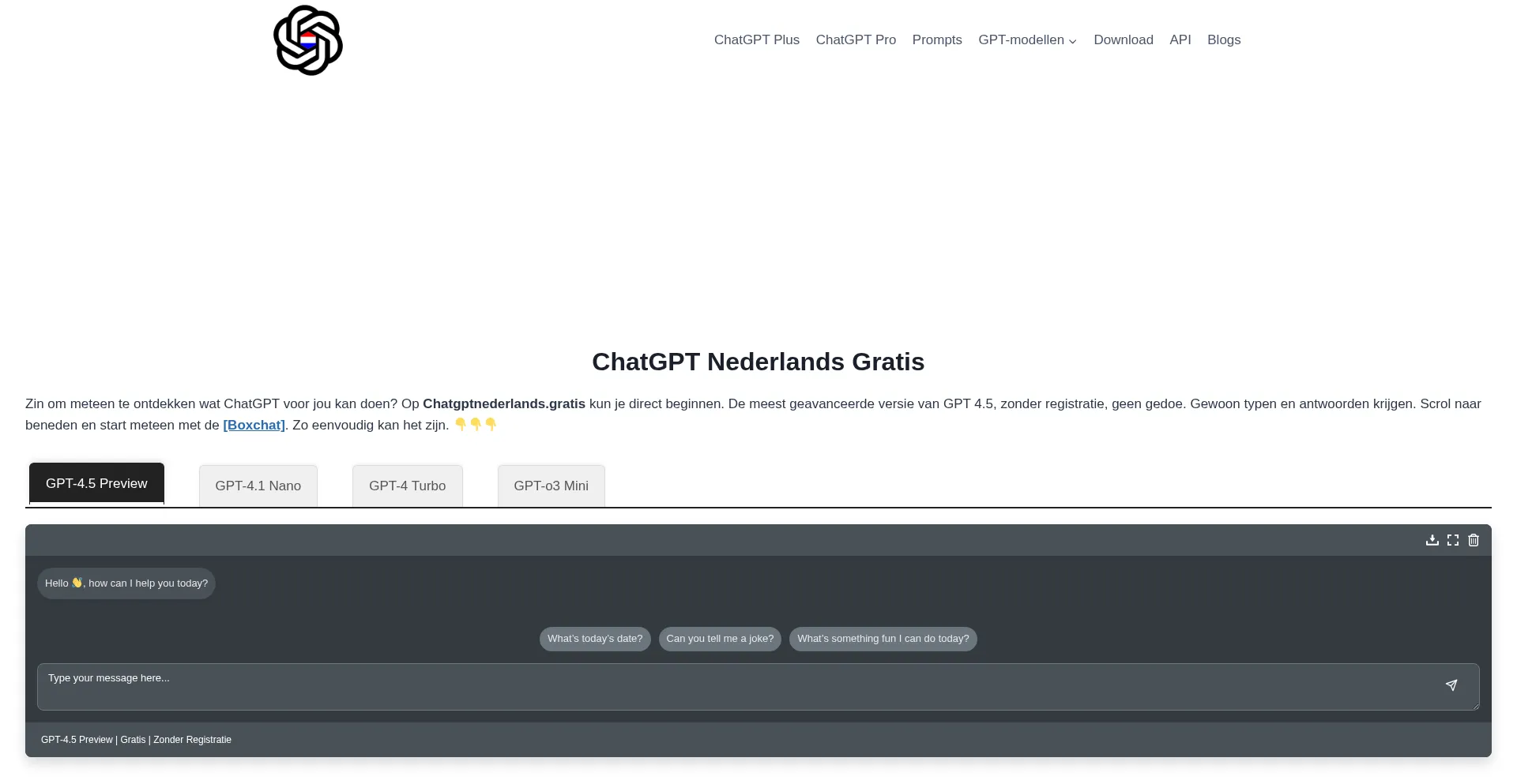 Website screenshot of Chatgptnederlands.gratis