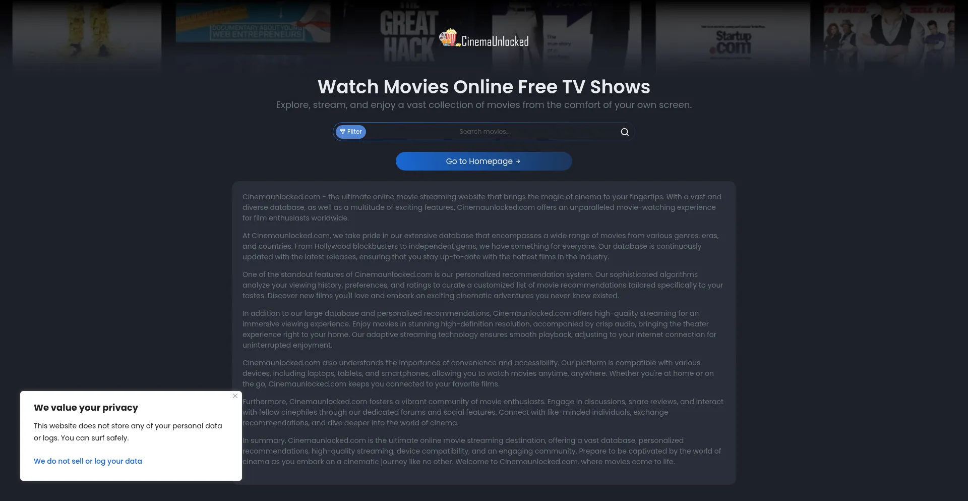 Website screenshot of Cinemaunlocked.com