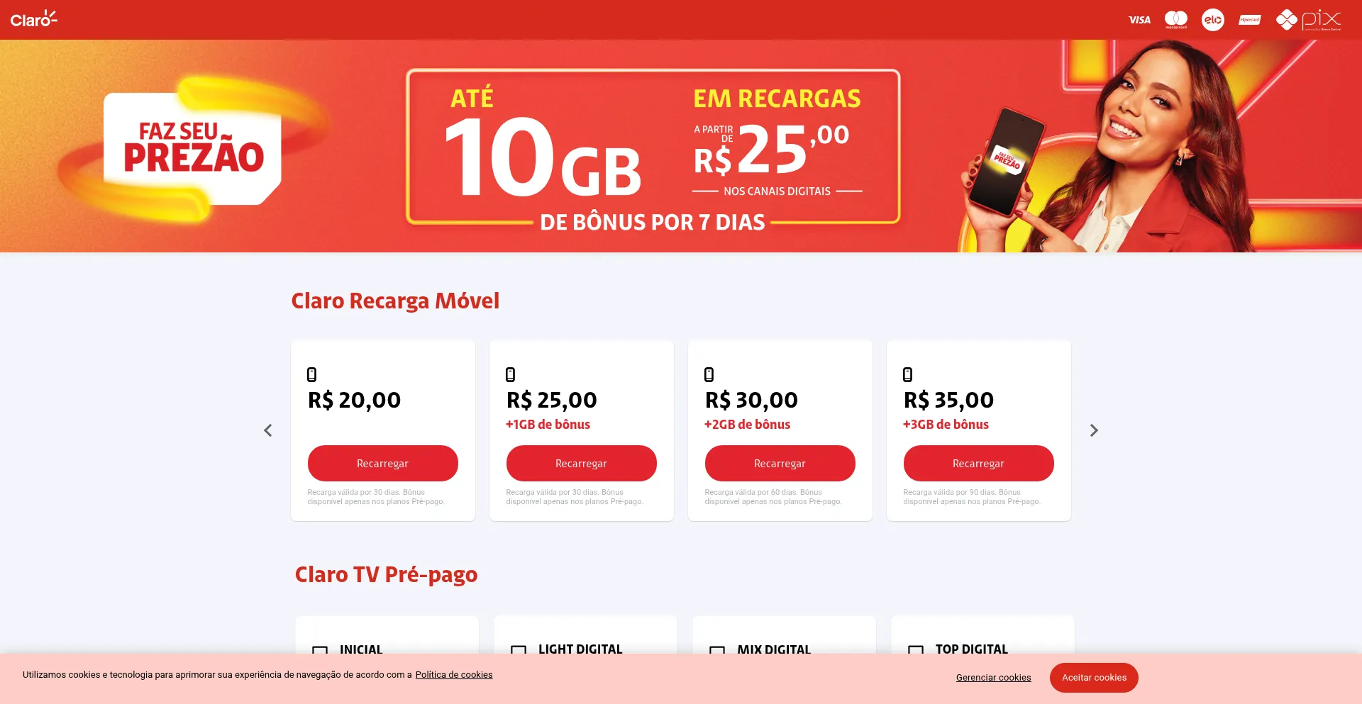 Website screenshot of Clarorecarga.claro.com.br