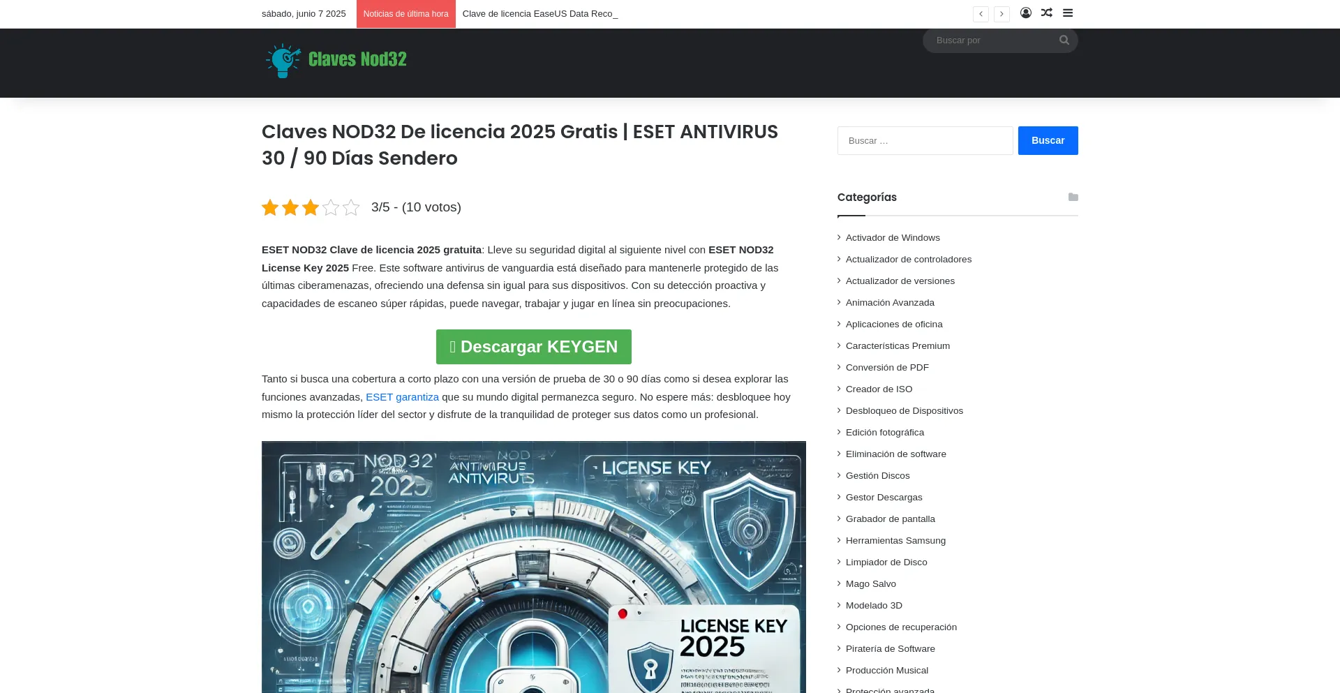 Website screenshot of Claves-nod32.com