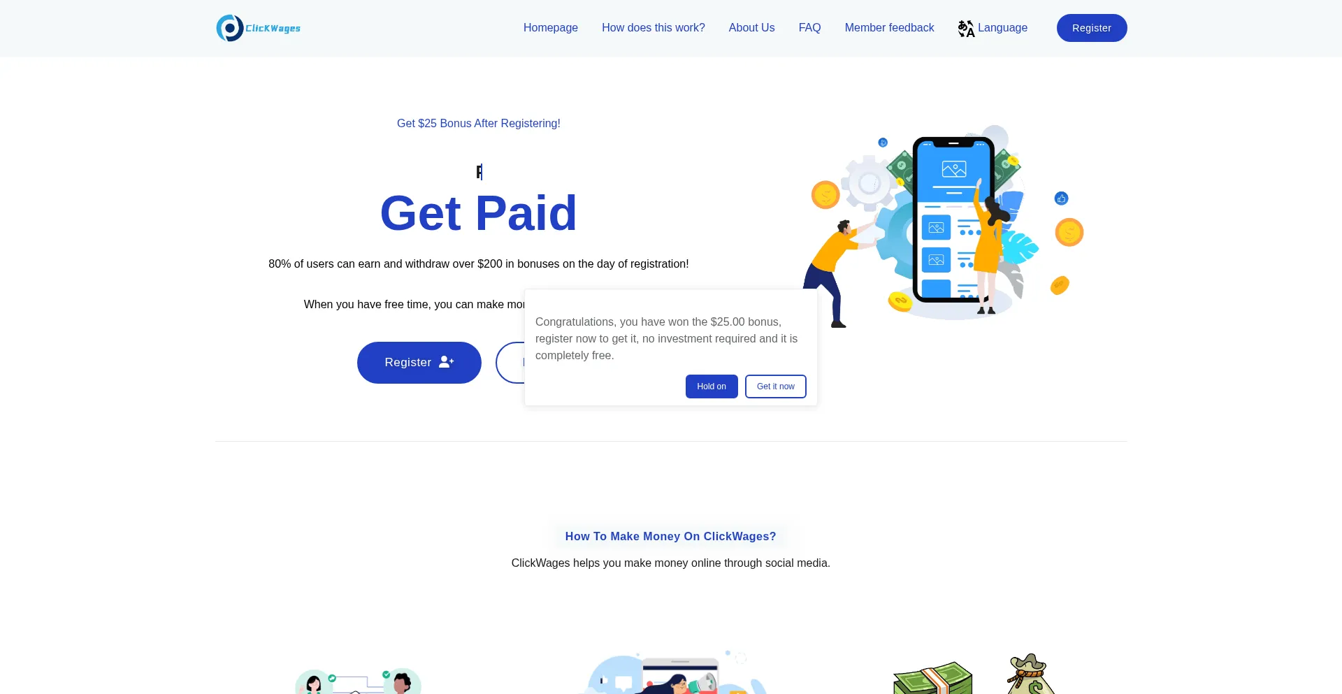 Website screenshot of Click9zkwages.top