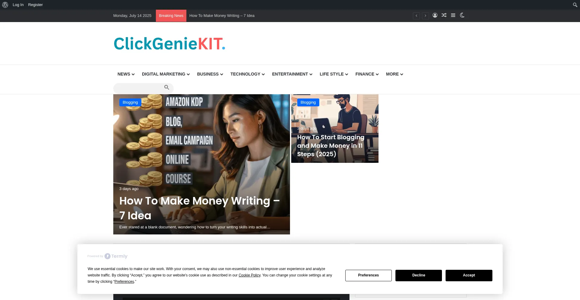 Website screenshot of Clickgeniekit.com