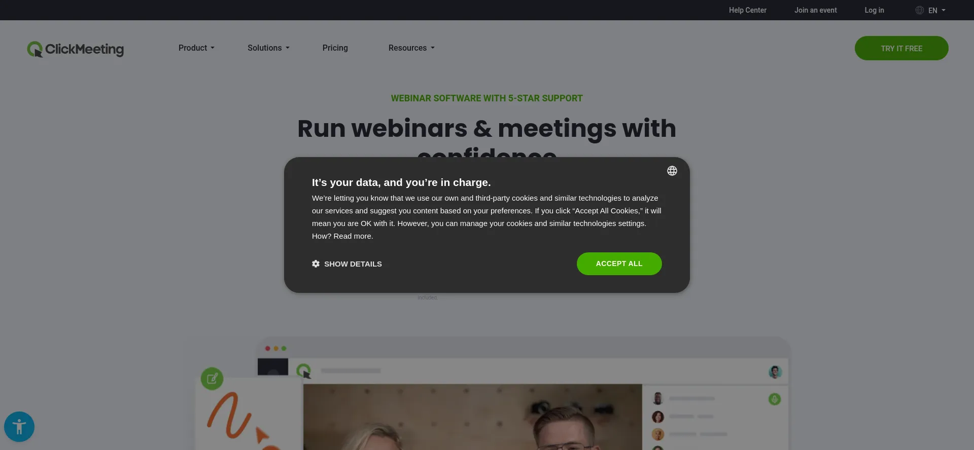 Website screenshot of Clickmeeting.com