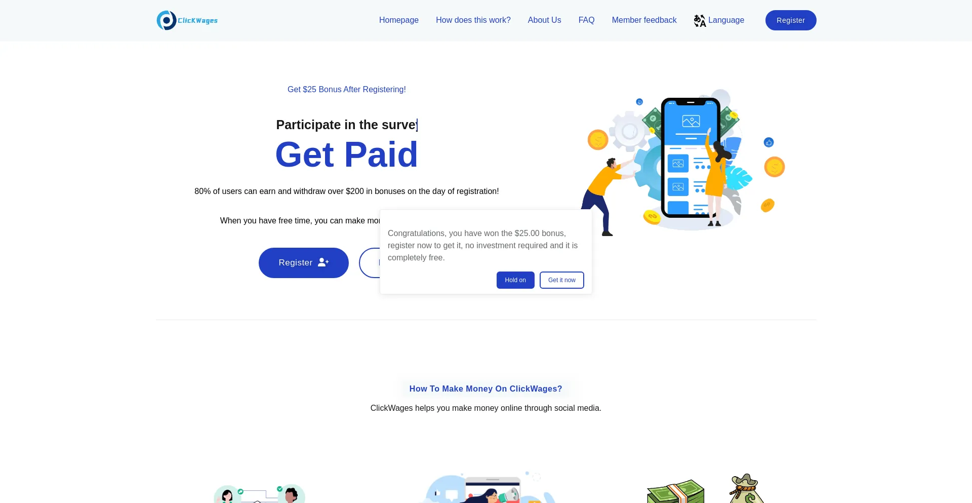 Website screenshot of Clickzymwages.buzz