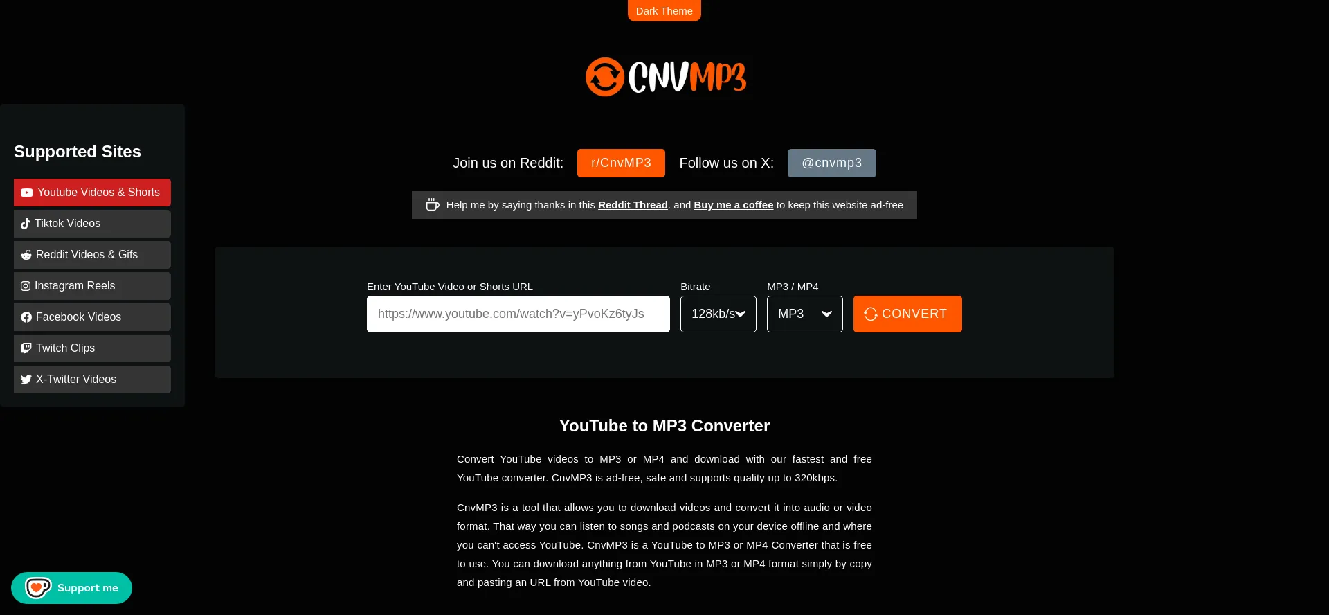 Website screenshot of Cnvmp3.com