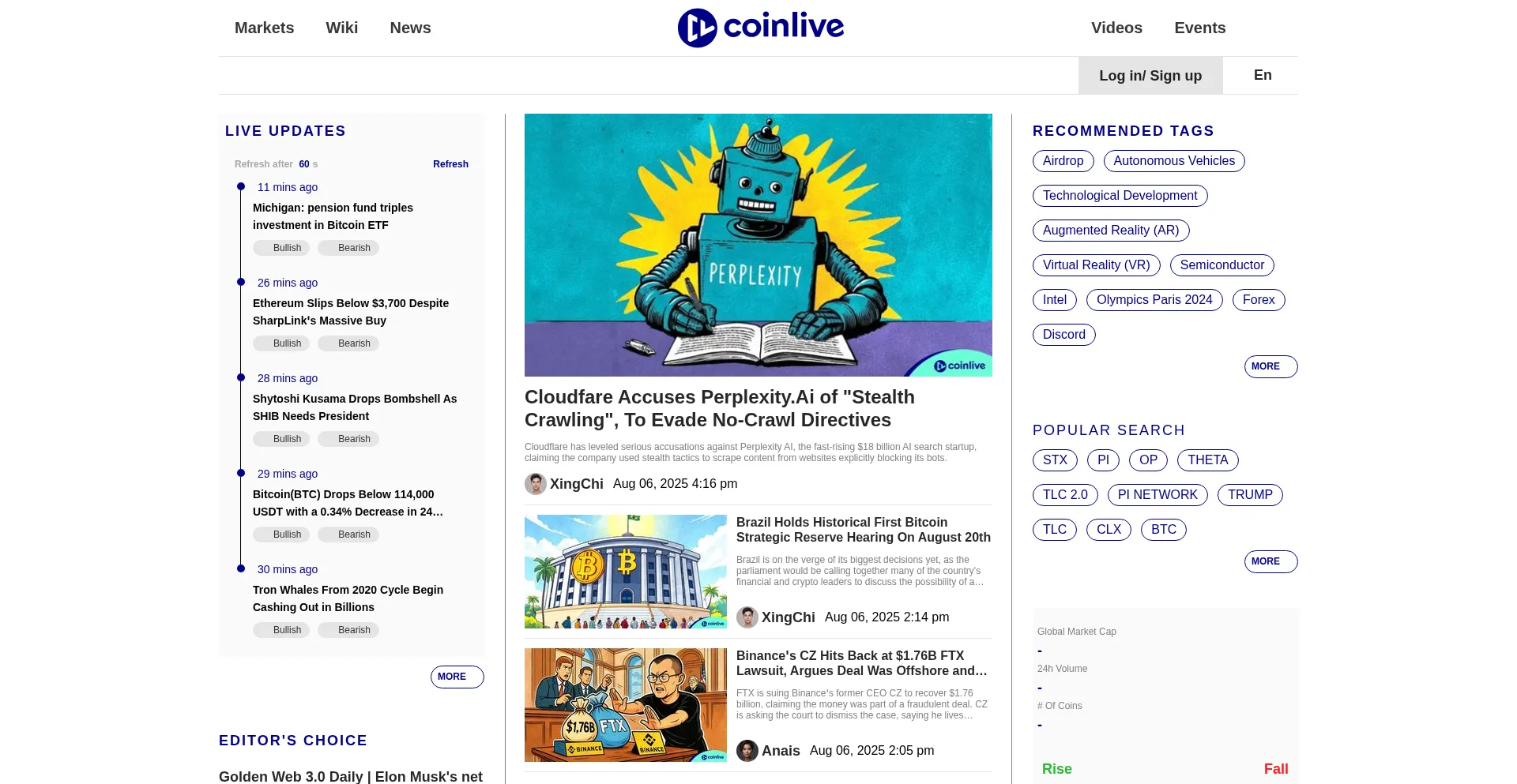 Website screenshot of Coinlive.com