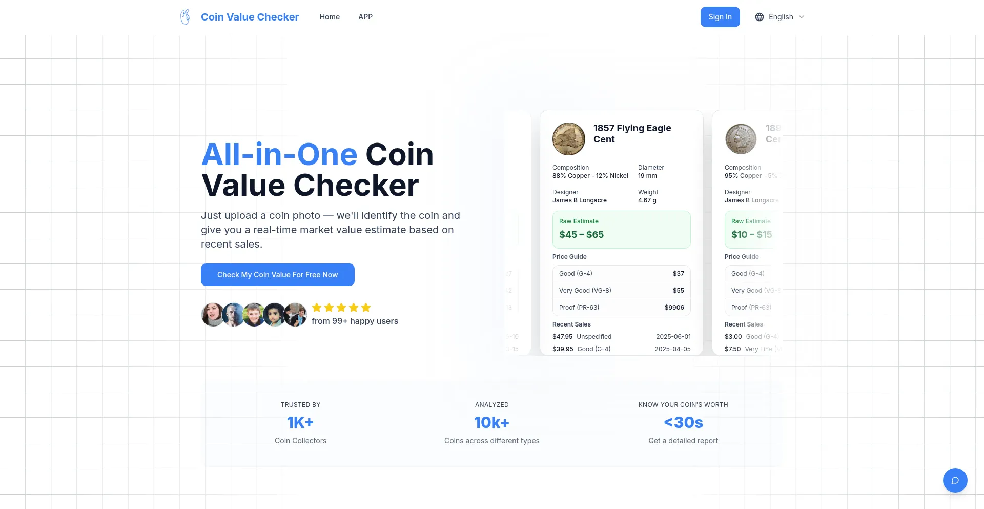 Website screenshot of Coinvaluechecker.org