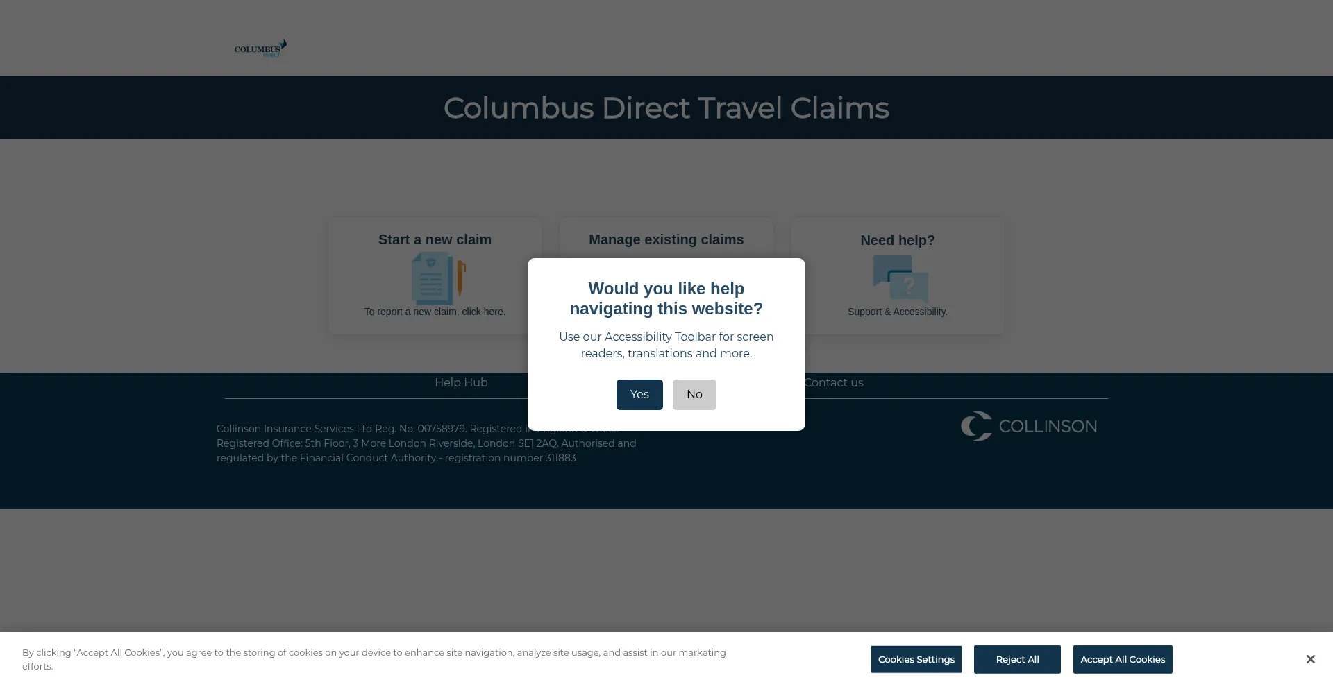 Website screenshot of Columbusdirect.claimhere.co.uk