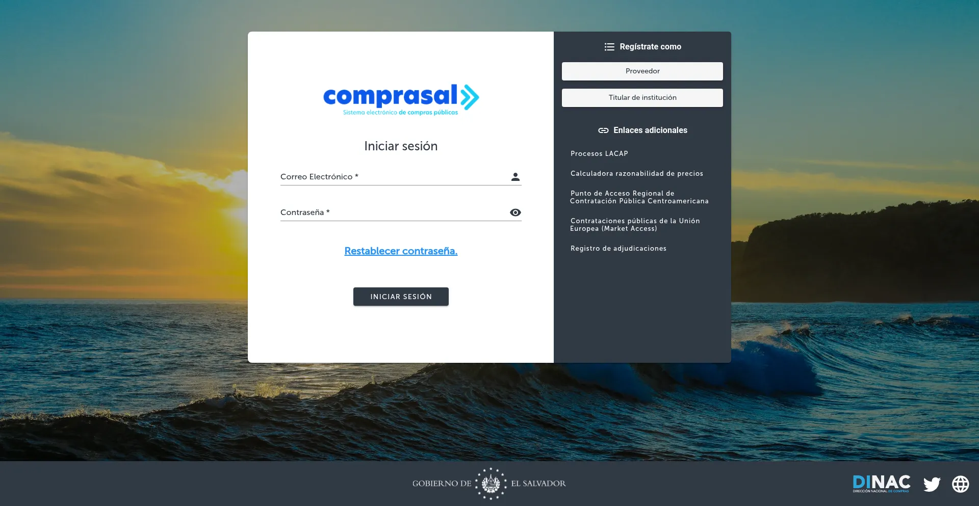Website screenshot of Comprasal.gob.sv