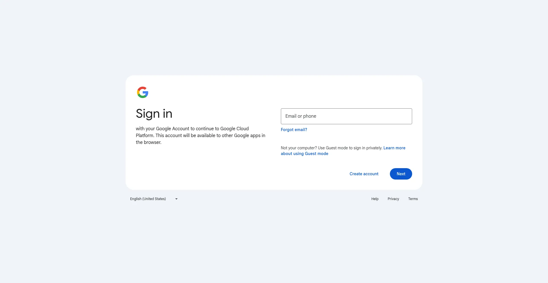 Website screenshot of Console.cloud.google.com