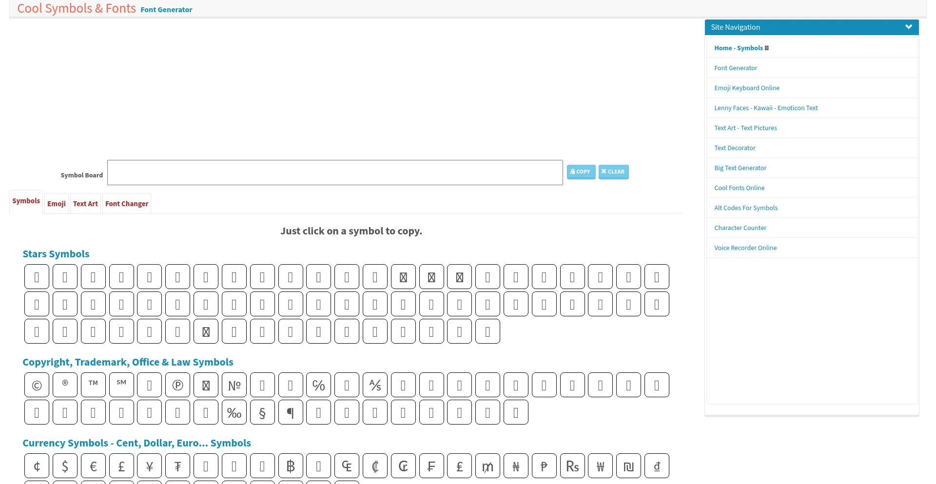 Website screenshot of Coolsymbol.com