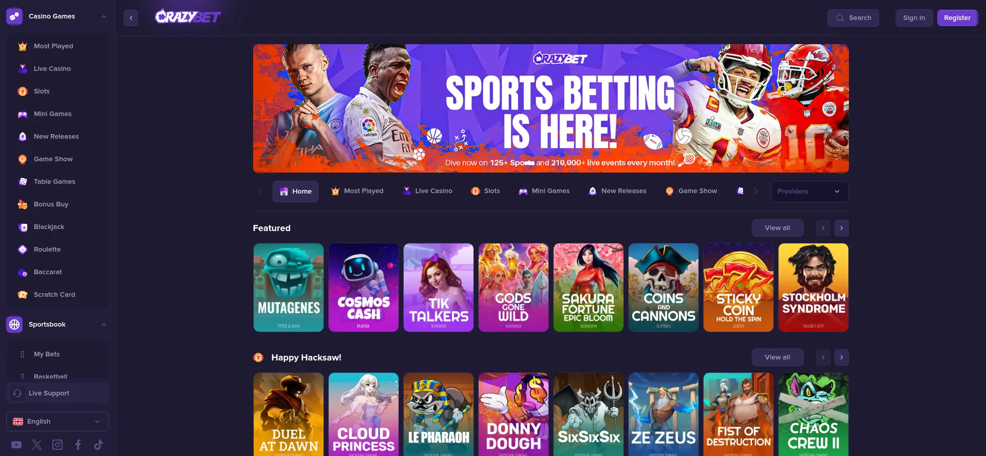 Website screenshot of Crazybet.com