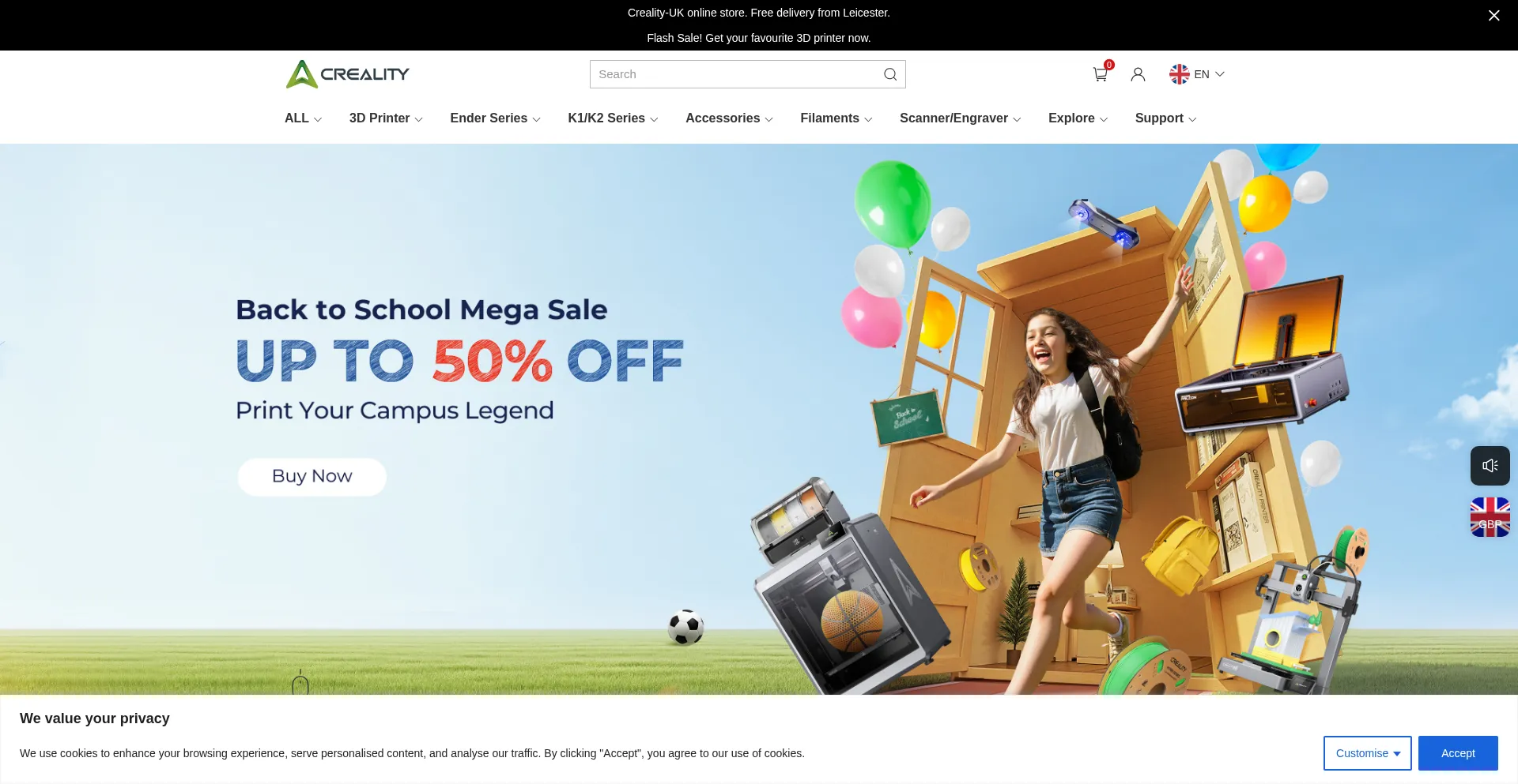Website screenshot of Crealityofficial.co.uk