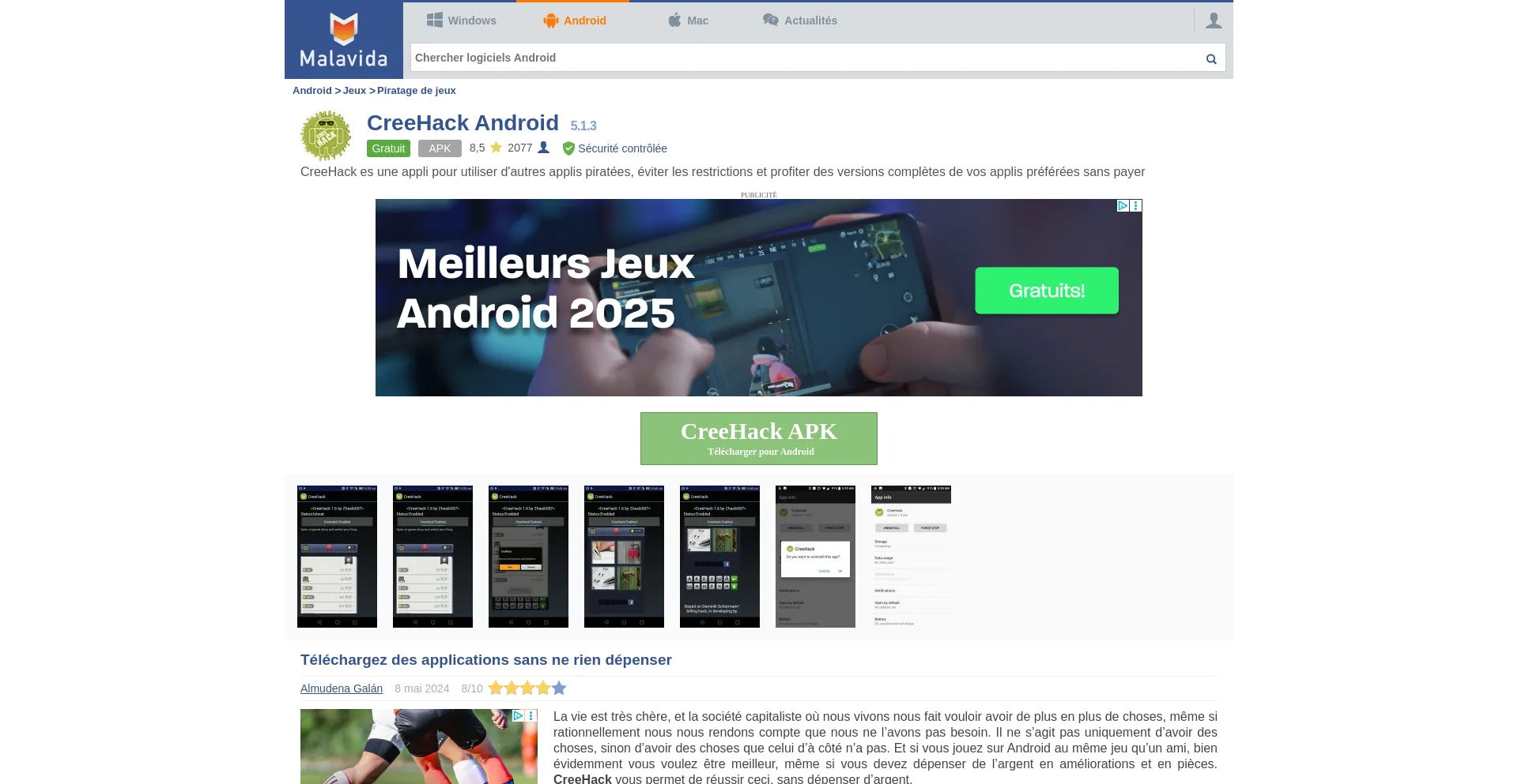 Website screenshot of Creehack.fr.malavida.com