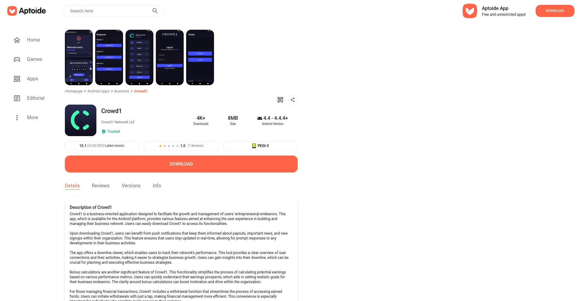Website screenshot of Crowd1.en.aptoide.com