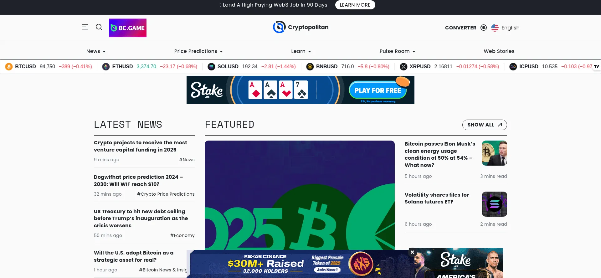 Website screenshot of Cryptopolitan.com