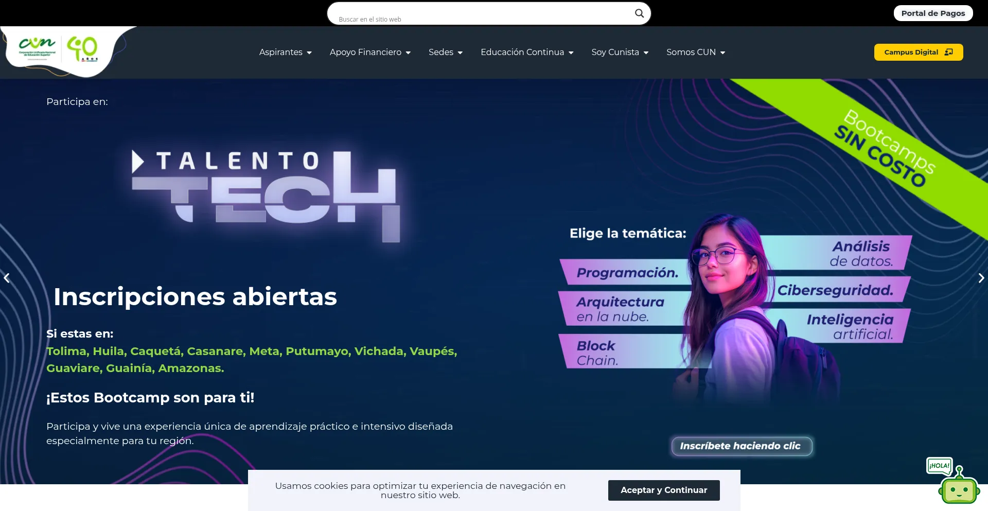 Website screenshot of Cun.edu.co