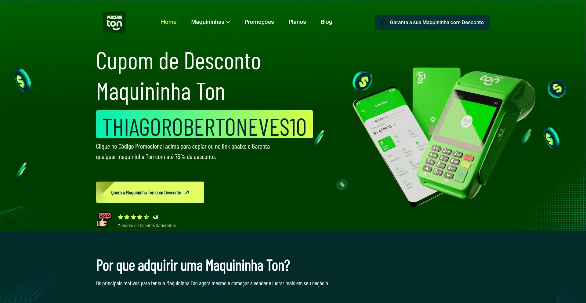 Website screenshot of Cupomdescontomaquininhaton.com.br