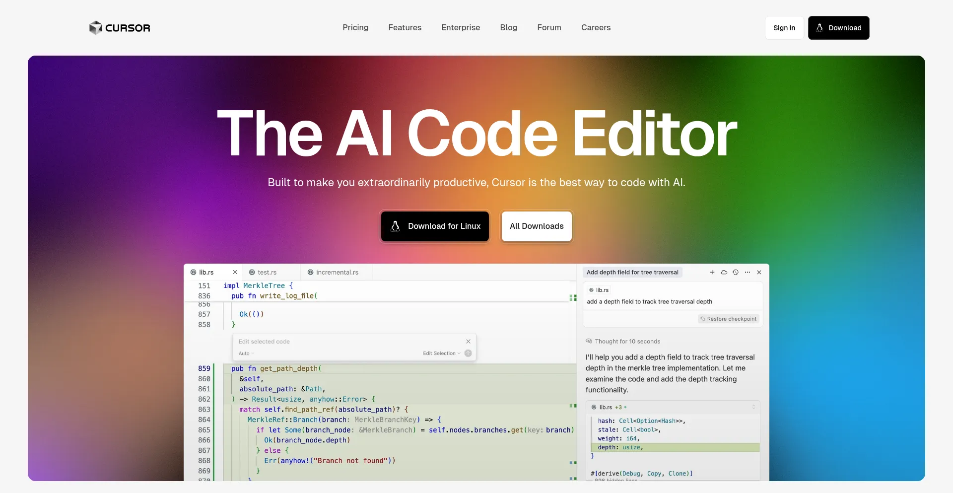 Website screenshot of Cursor.sh