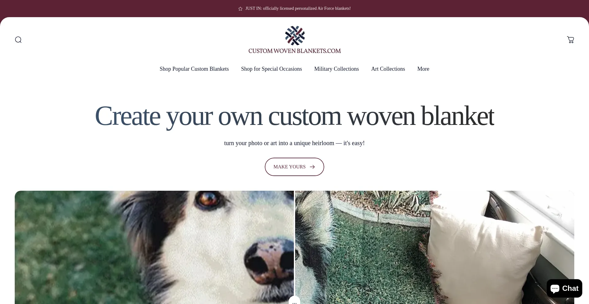 Website screenshot of Customwovenblankets.com