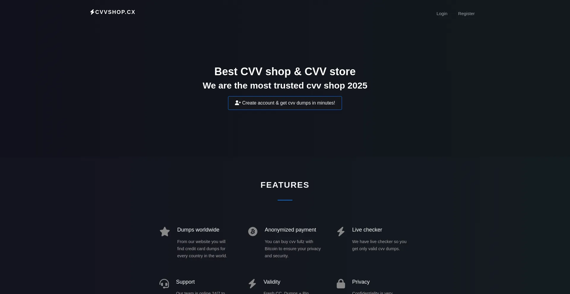 Website screenshot of Cvvshop.cx