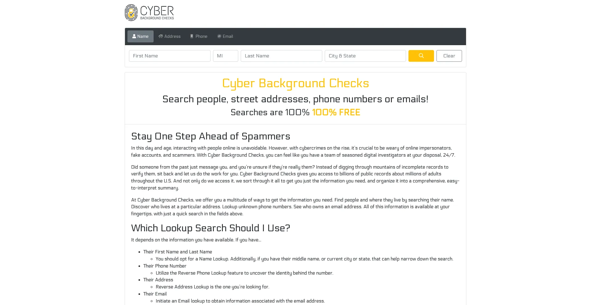 Cyberbackgroundchecks.com Screenshot