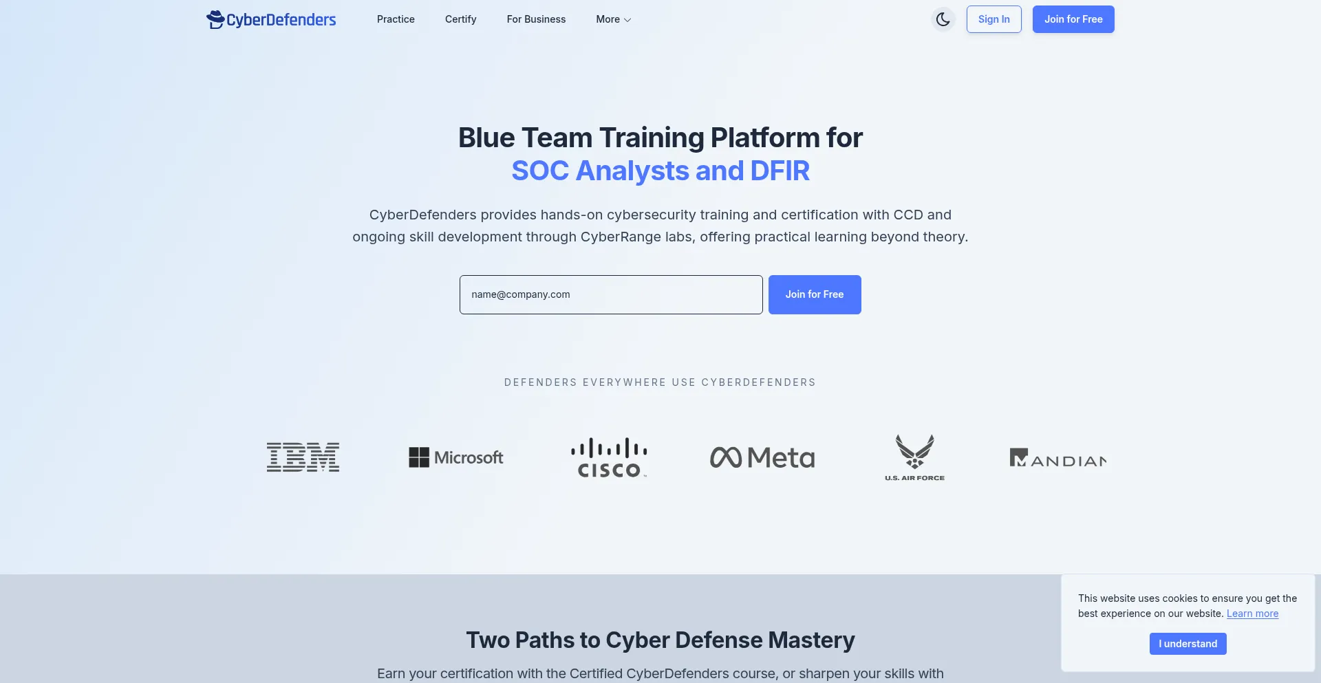 Website screenshot of Cyberdefenders.org