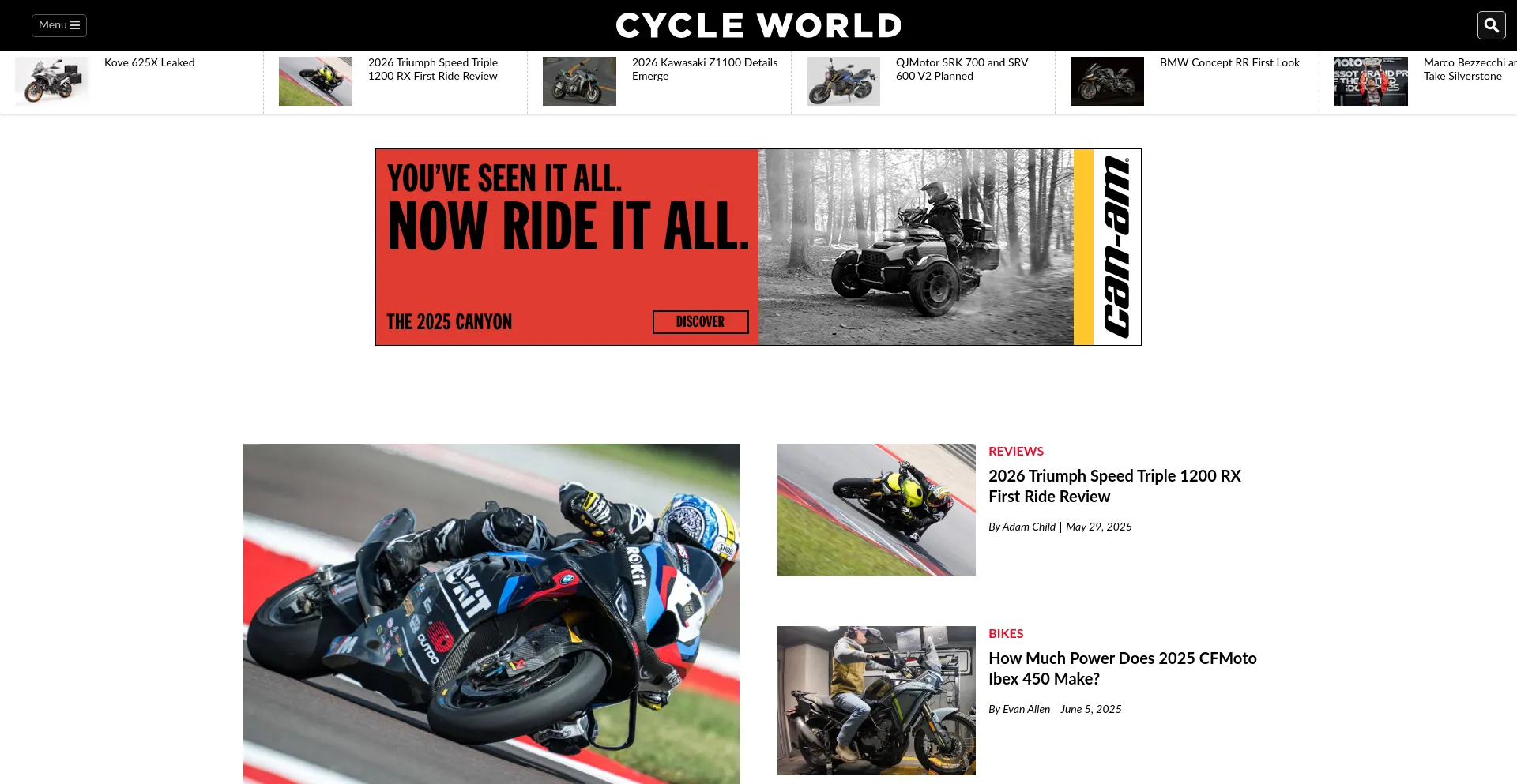 Website screenshot of Cycleworld.com