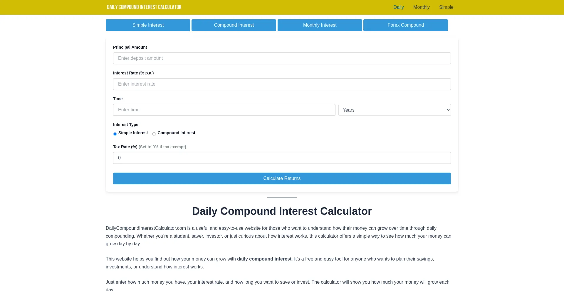 Website screenshot of Dailycompoundinterestcalculator.com