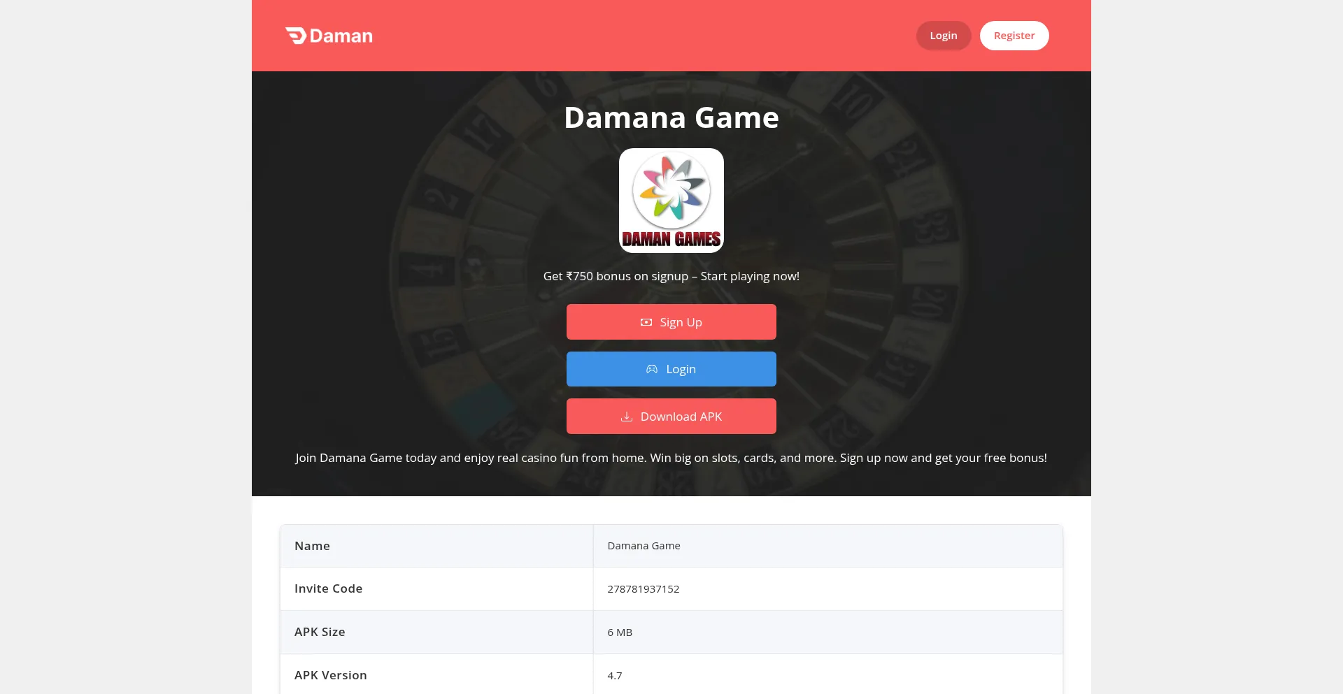 Website screenshot of Damanagame.com