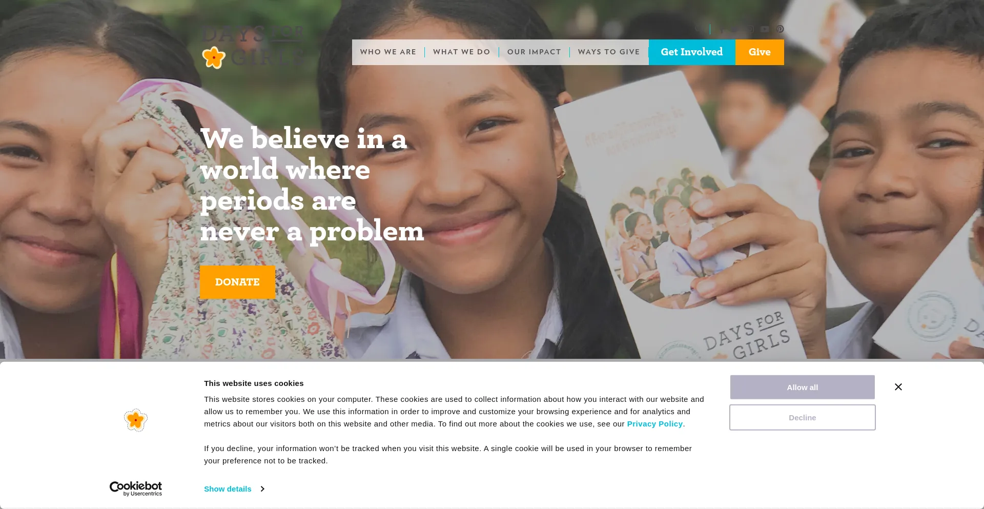 Website screenshot of Daysforgirls.org