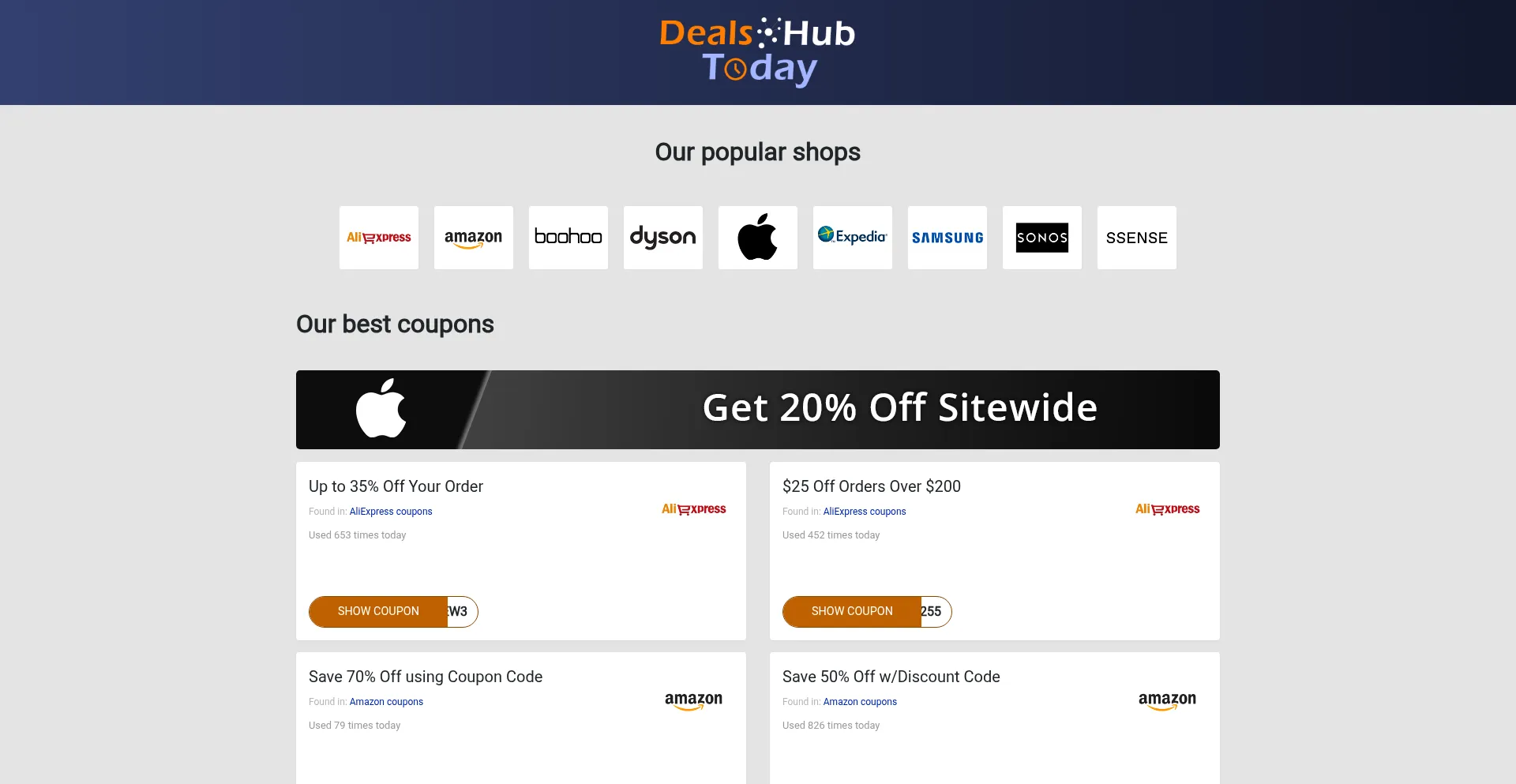 Website screenshot of Dealshubtoday.com
