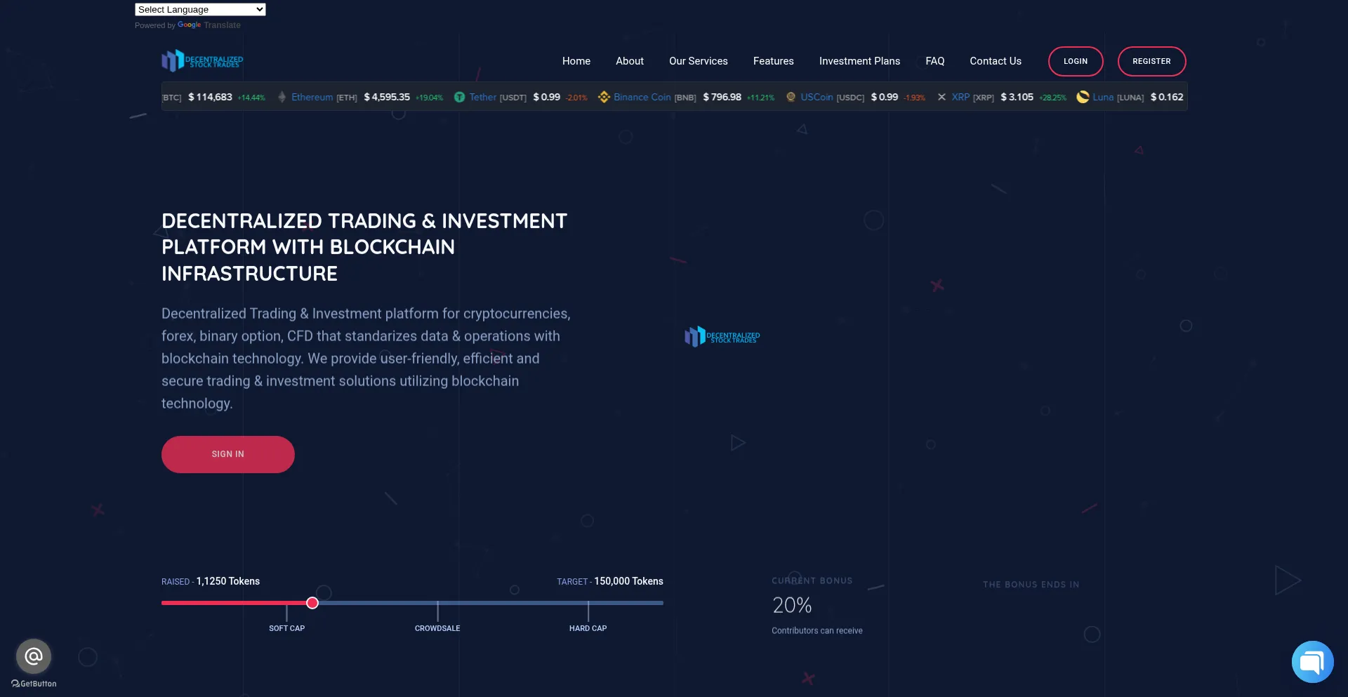 Website screenshot of Decentralizedstocktrades.com
