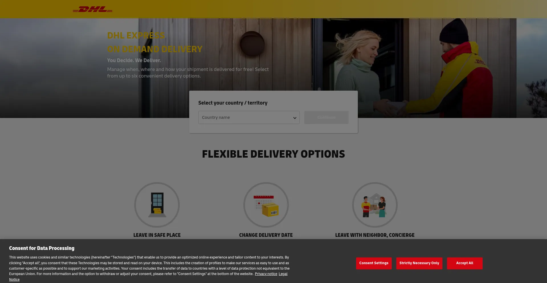 Website screenshot of Del.dhl.com