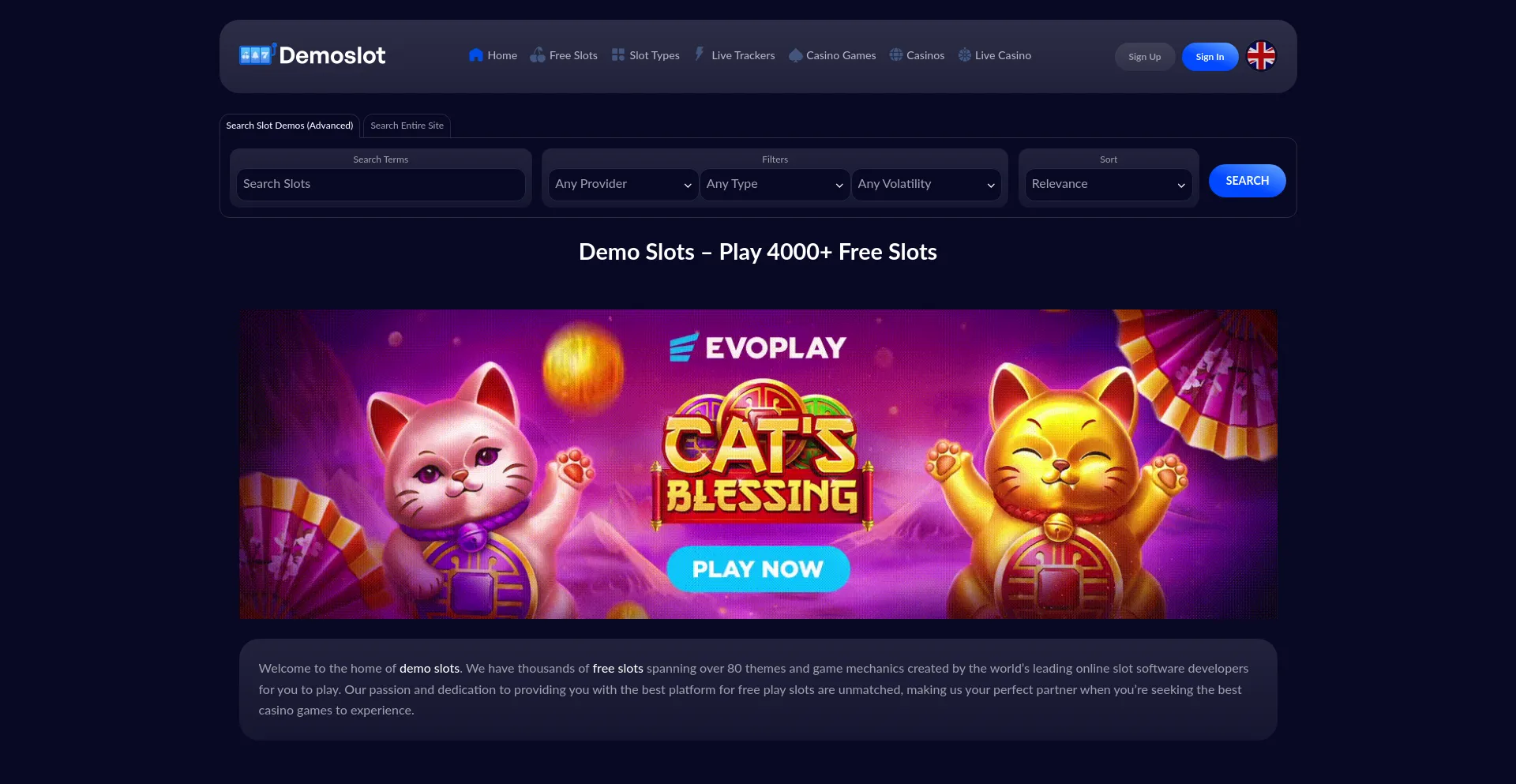 Website screenshot of Demoslot.com