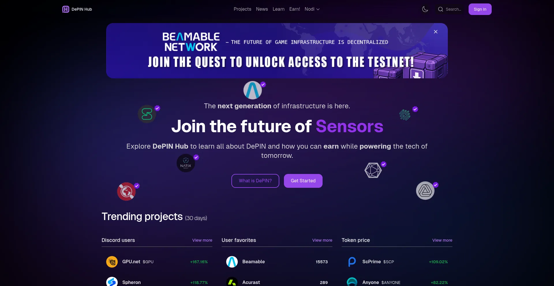 Website screenshot of Depinhub.io