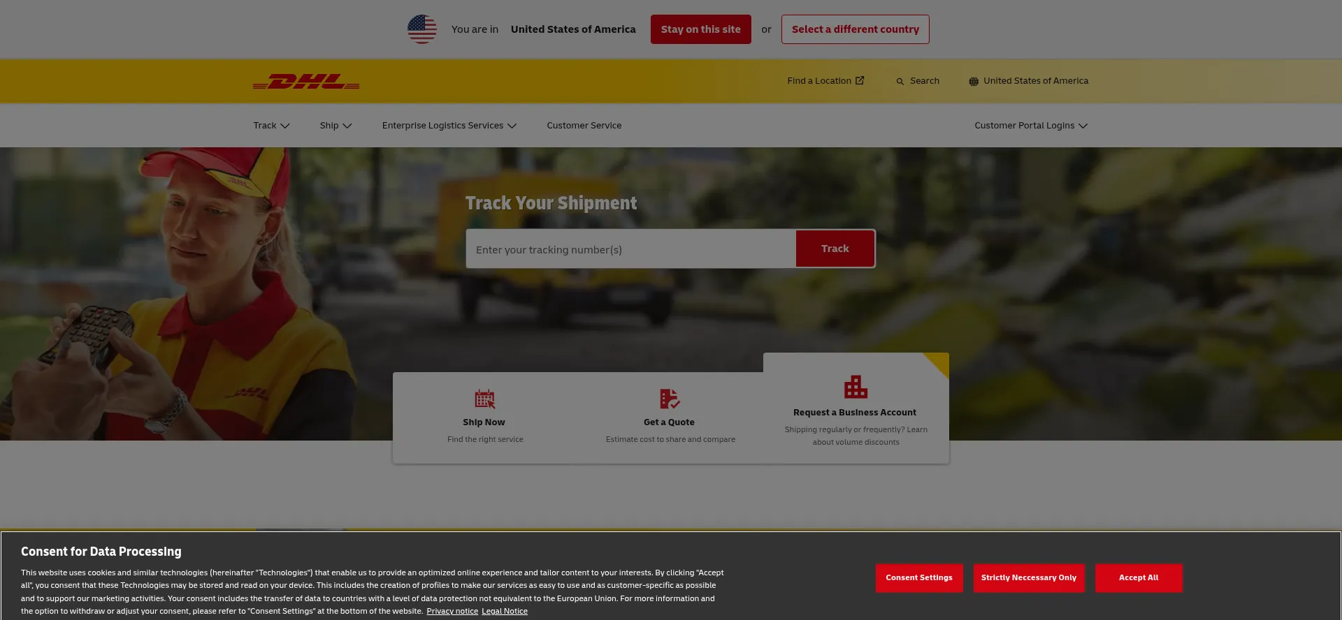Website screenshot of Dhl.com