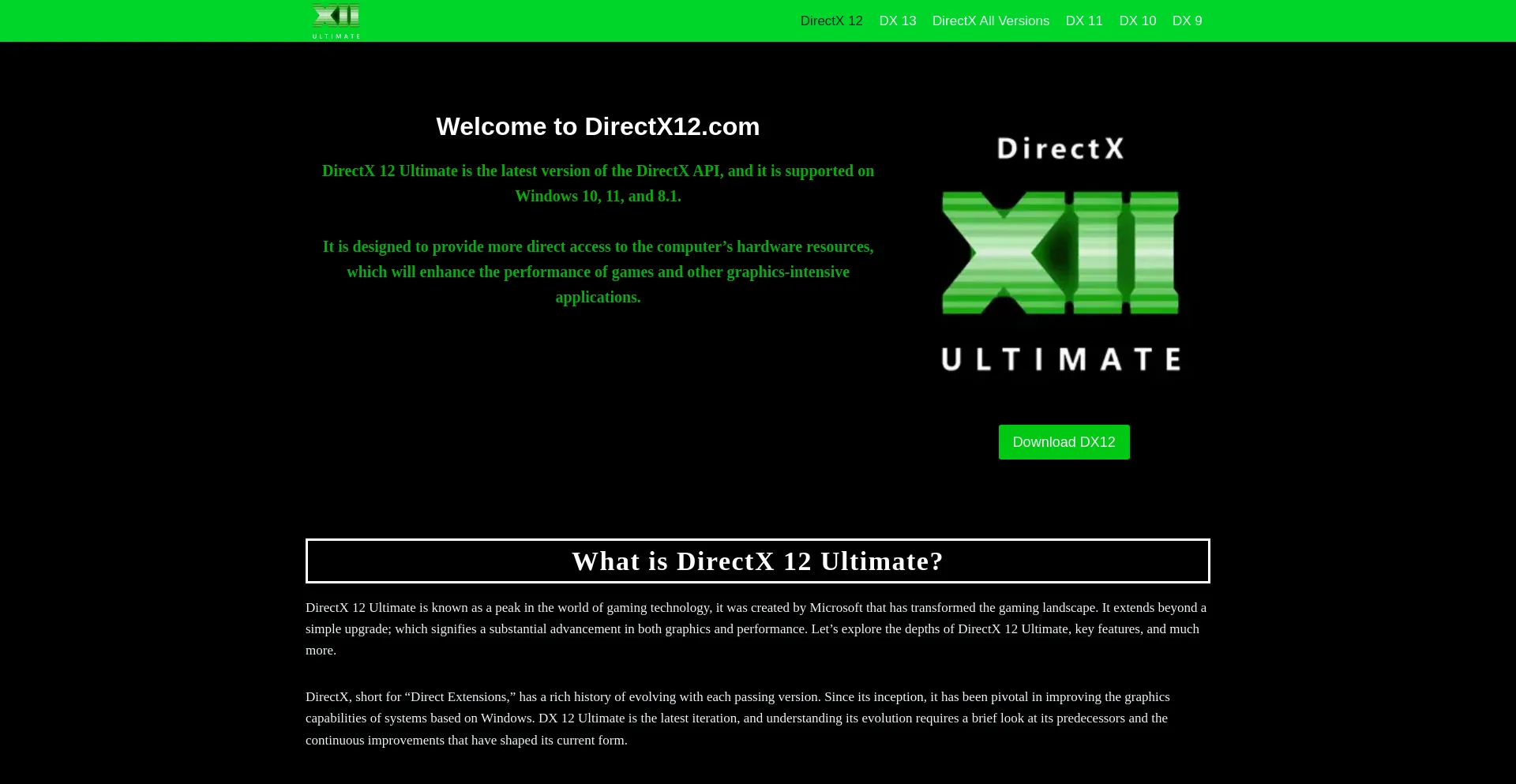 Website screenshot of Directx12.com