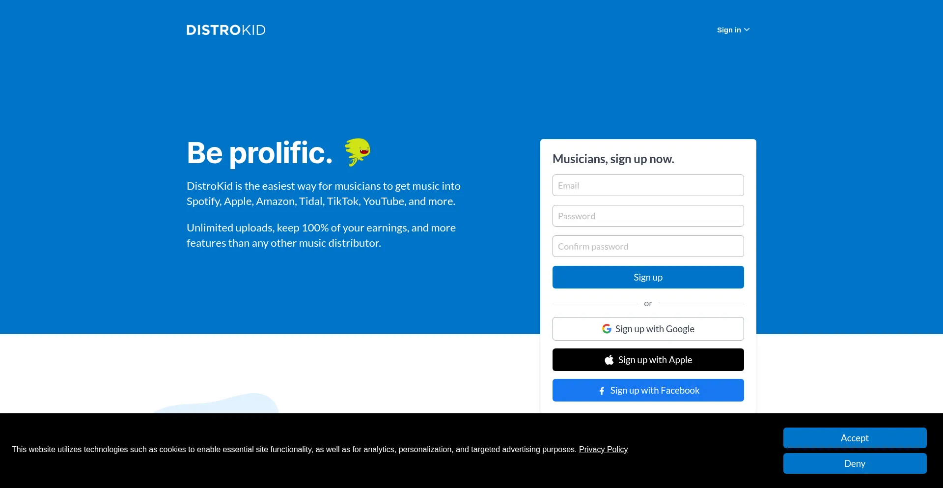 Website screenshot of Distrokid.com