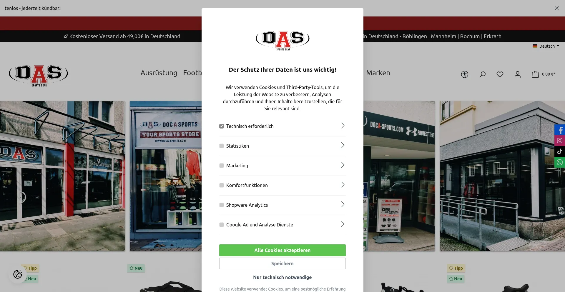 Website screenshot of Doca-sports.com